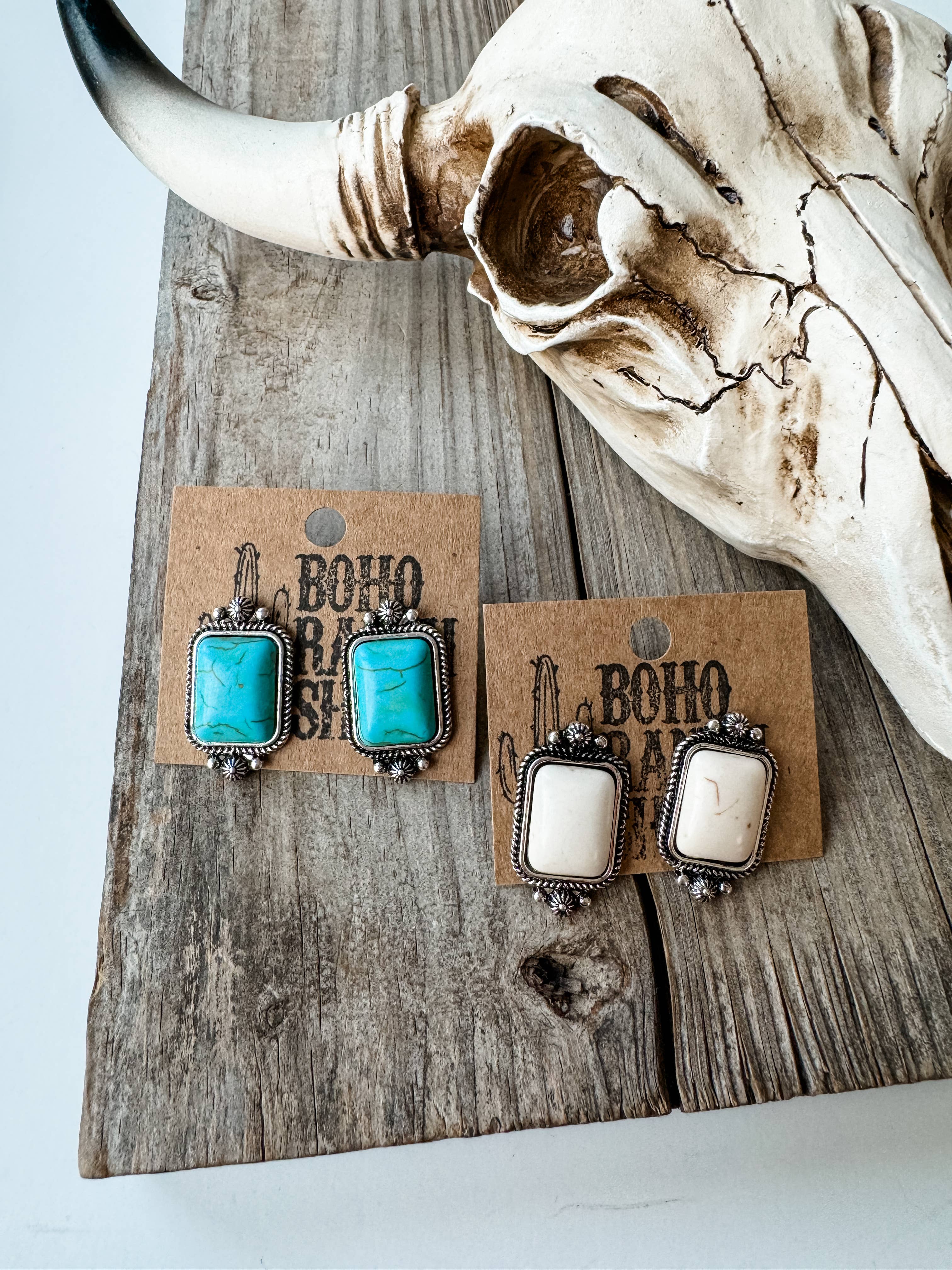 Western Rectangle Stone Earrings White